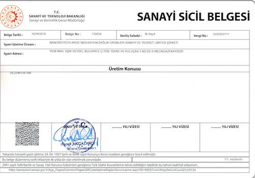 NanoBiotech ArGe Sanayi Sicil Belgesi