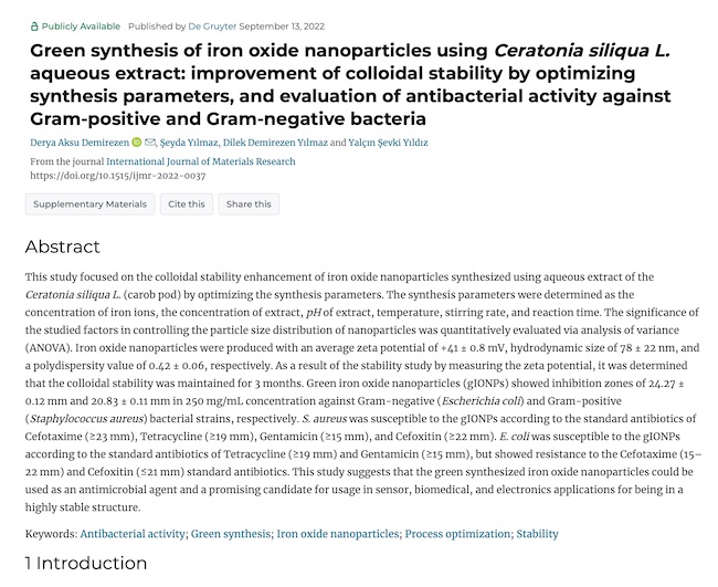 Green synthesis and characterization of iron oxide nanoparticles using Ficus carica (common fig) dried fruit extract